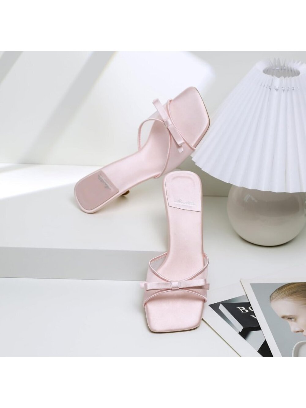 Women's Round Toe Heels With Bow Mules Pink 3 Slip on Stiletto Backless Sandal - Picture 3 of 6